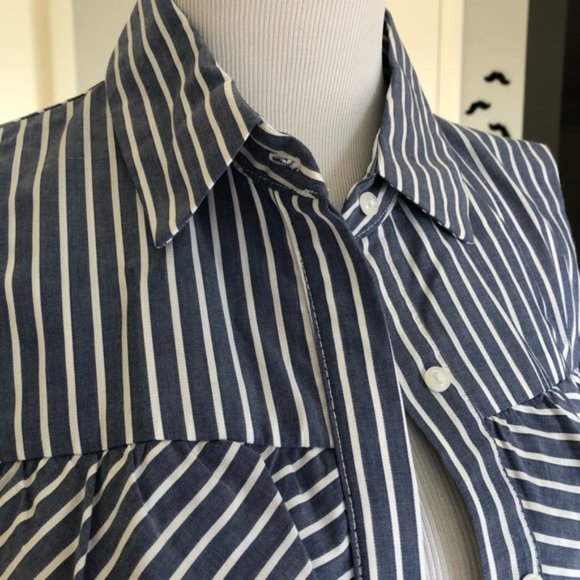 Harlowe & Graham Blue White Striped Cold Shoulder Long Sleeve Button Down Blouse - Picture 7 of 9
